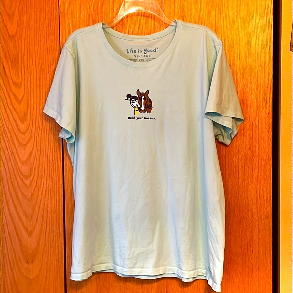 Life is Good Hold Your Horses XXL ice blue Tee t shirt cotton made in Peru EUC